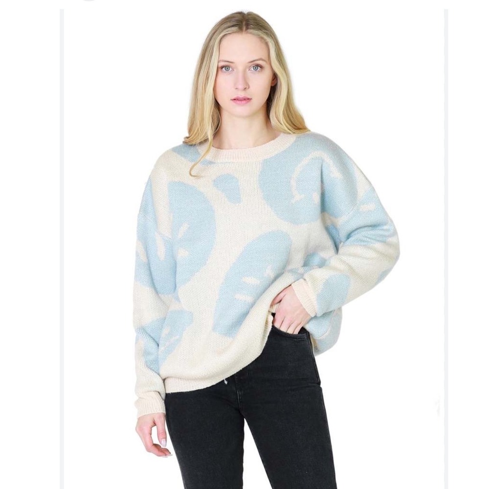 Bailey Rose Cream Blue Distorted Smiley Face Oversized Knit Sweater S
